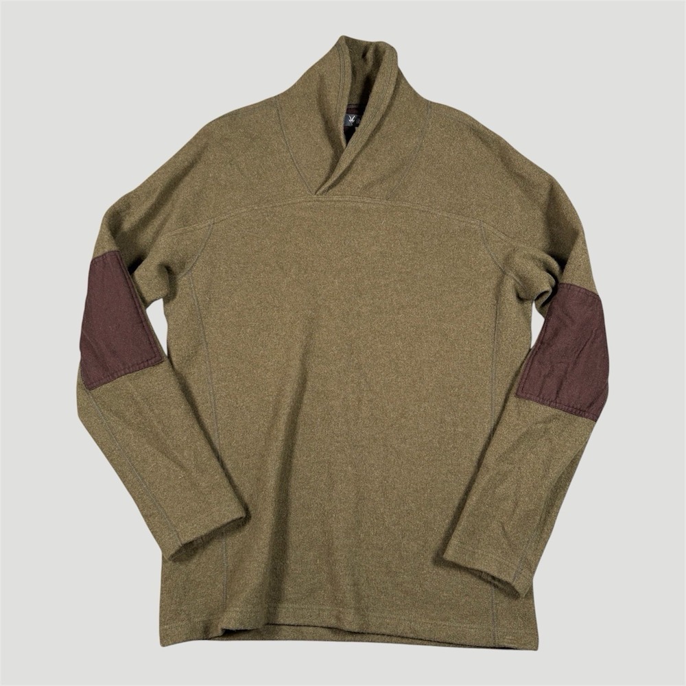 Ibex Sweater Men Sz XL Olive Shawl Collar Wool Knit Pullover Elbow Patch